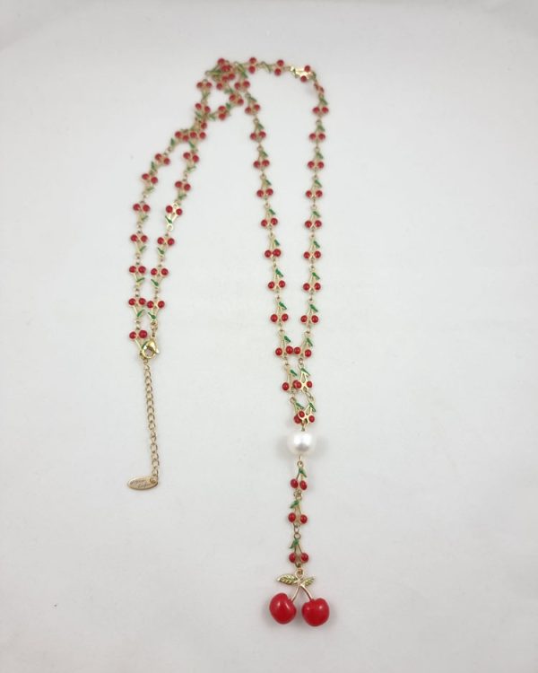 Long chain necklace with pearl and cherry - Ifigenia Loukou