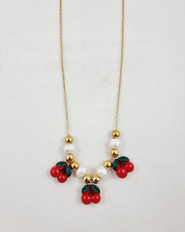 Short chain necklace with pearls and cherries - Ifigenia Loukou
