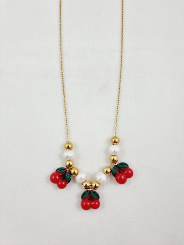 Short chain necklace with pearls and cherries - Ifigenia Loukou