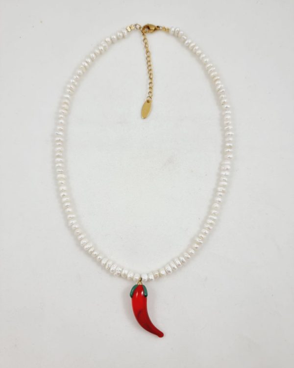 Pearl necklace with red chilli - Ifigenia Loukou