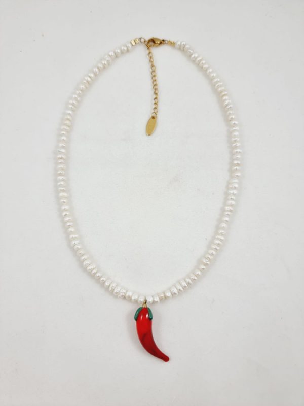 Pearl necklace with red chilli - Ifigenia Loukou