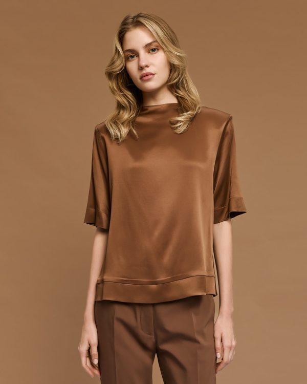 Satin short-sleeve blouse with a round neckline - Access Fashion