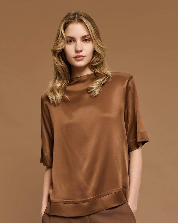 Satin short-sleeve blouse with a round neckline - Access Fashion - Image 3
