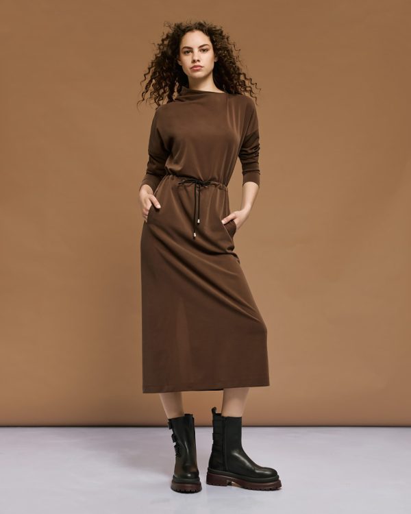 Long dress with asymmetric turtleneck and drawstring waist - Access Fashion