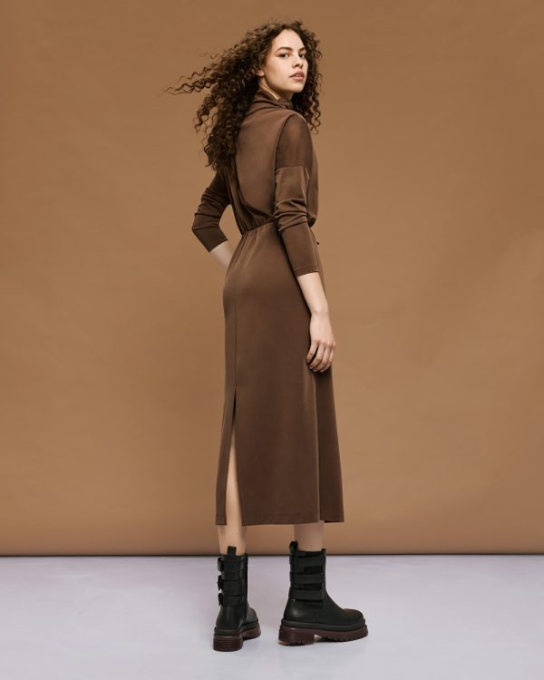 Long dress with asymmetric turtleneck and drawstring waist - Access Fashion - Image 4