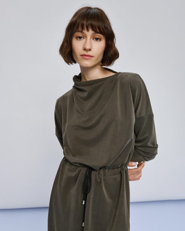 Long dress with asymmetric turtleneck and drawstring waist - Access Fashion - Image 10