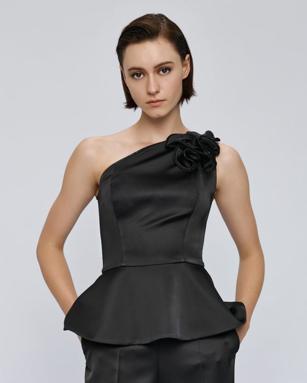 Satin one-shoulder top with floral detailing - Access Fashion