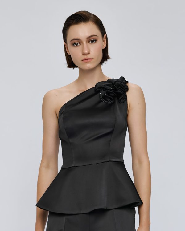Satin one-shoulder top with floral detailing - Access Fashion - Image 3