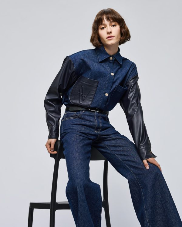 Denim shirt with faux leather-effect details - Access Fashion
