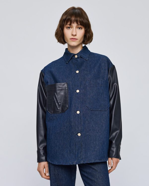 Denim shirt with faux leather-effect details - Access Fashion - Image 2