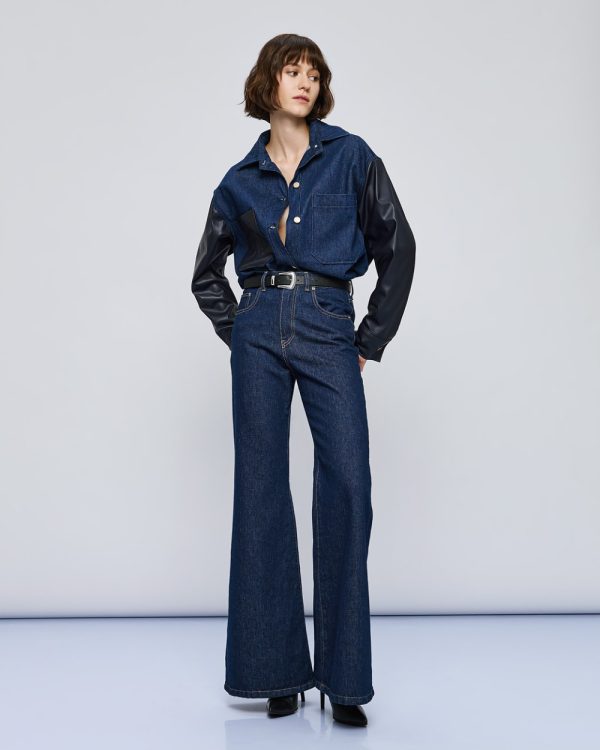 Denim shirt with faux leather-effect details - Access Fashion - Image 3