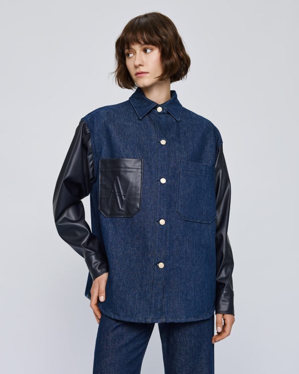 Denim shirt with faux leather-effect details - Access Fashion - Image 4