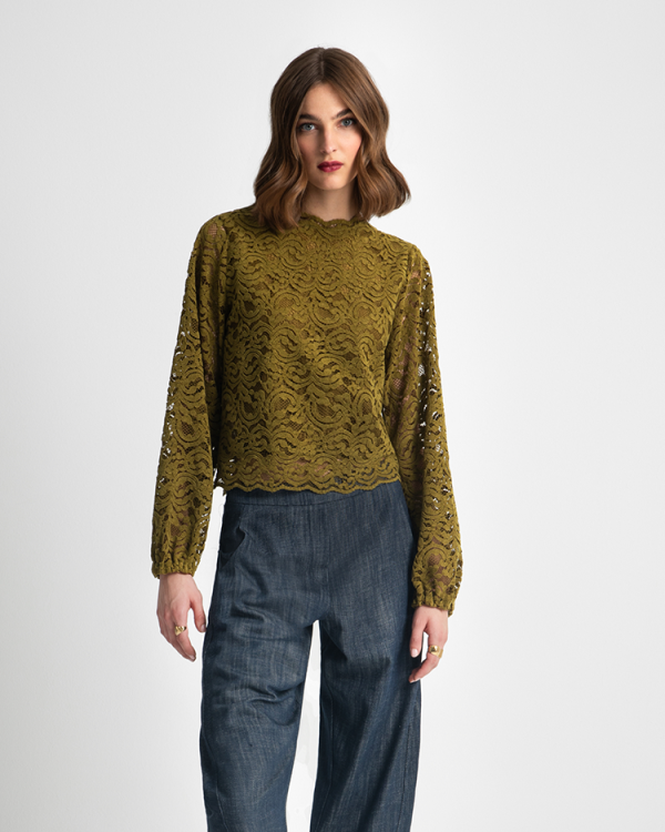 Lace blouse with long sleeves and round neckline - Moutaki