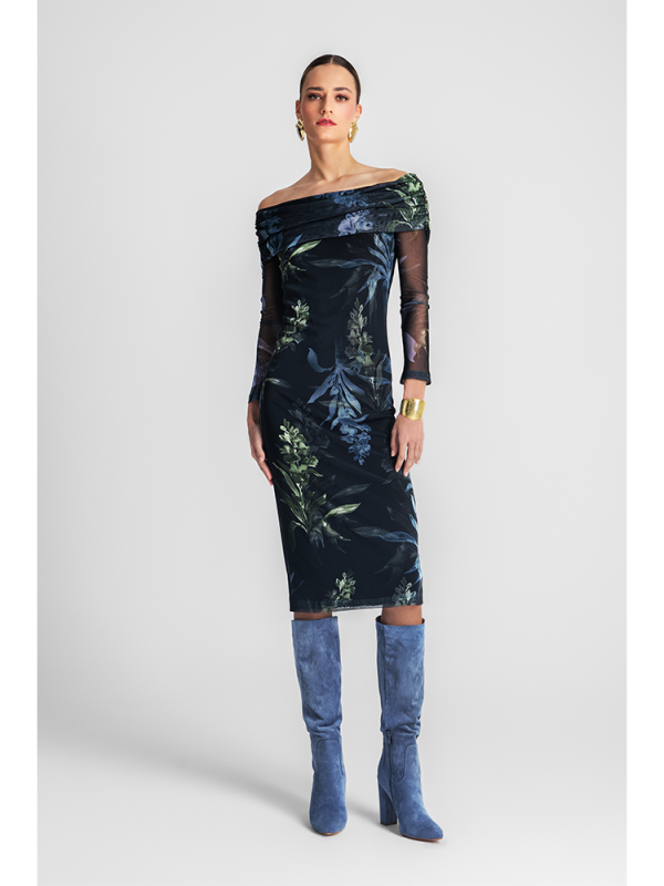 Floral mesh off-shoulder dress - Moutaki