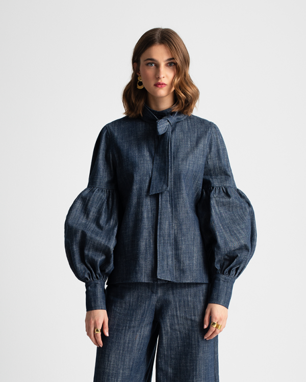 Denim shirt with bow tie and puff sleeves - Moutaki