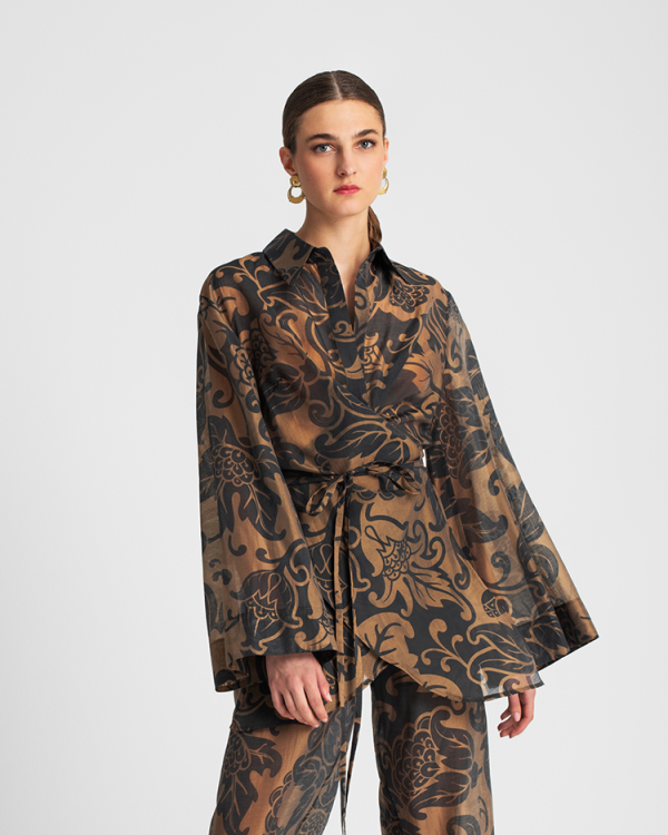 Baroque  print belted blouse with wide sleeves - Moutaki