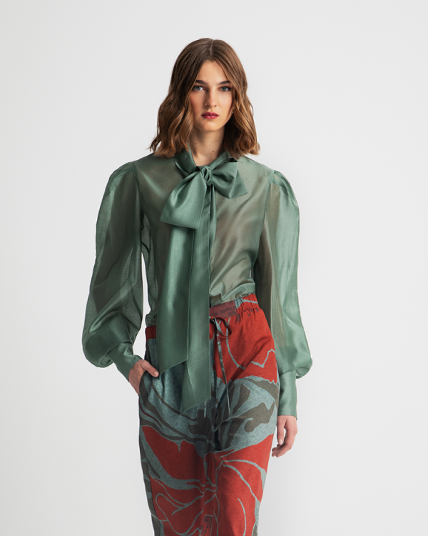 Teal shiny bow-tie blouse - Moutaki
