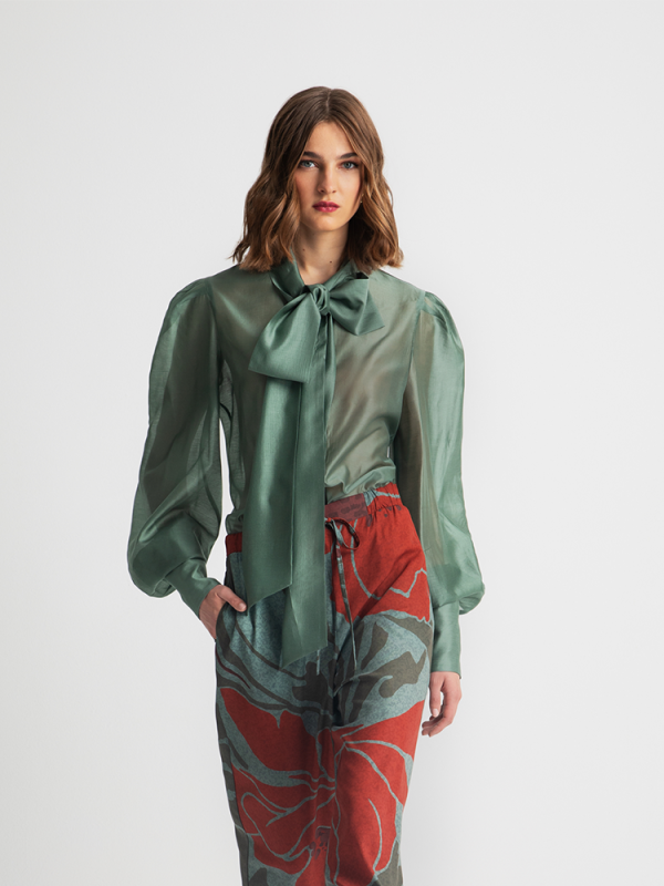 Teal shiny bow-tie blouse - Moutaki