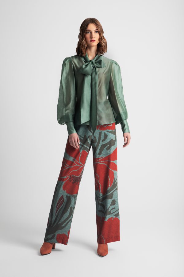 Teal shiny bow-tie blouse - Moutaki - Image 2