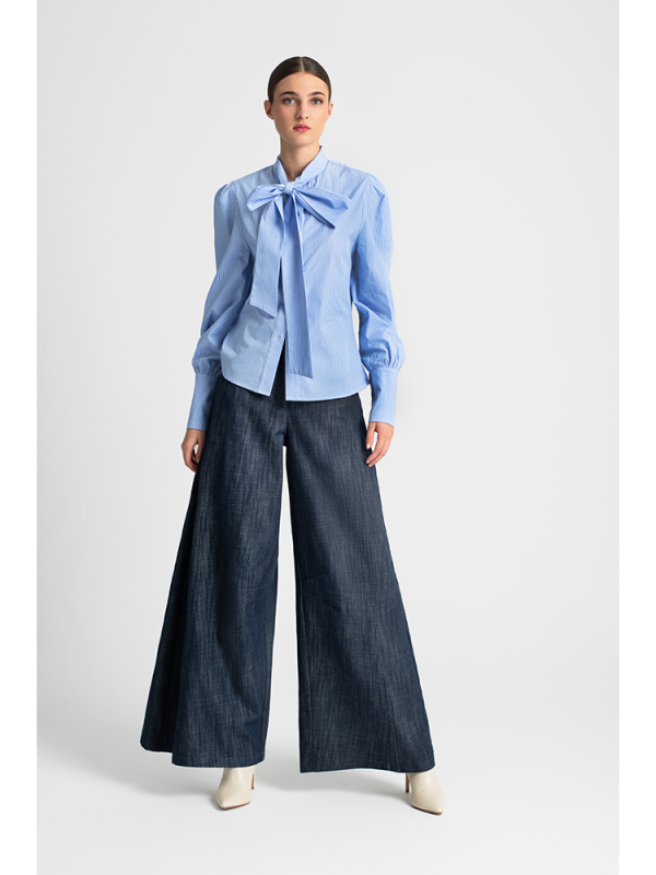 Striped shirt with bow tie and puff sleeves - Moutaki