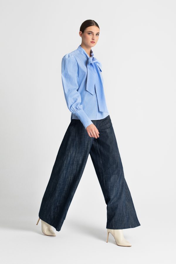 Striped shirt with bow tie and puff sleeves - Moutaki - Image 2