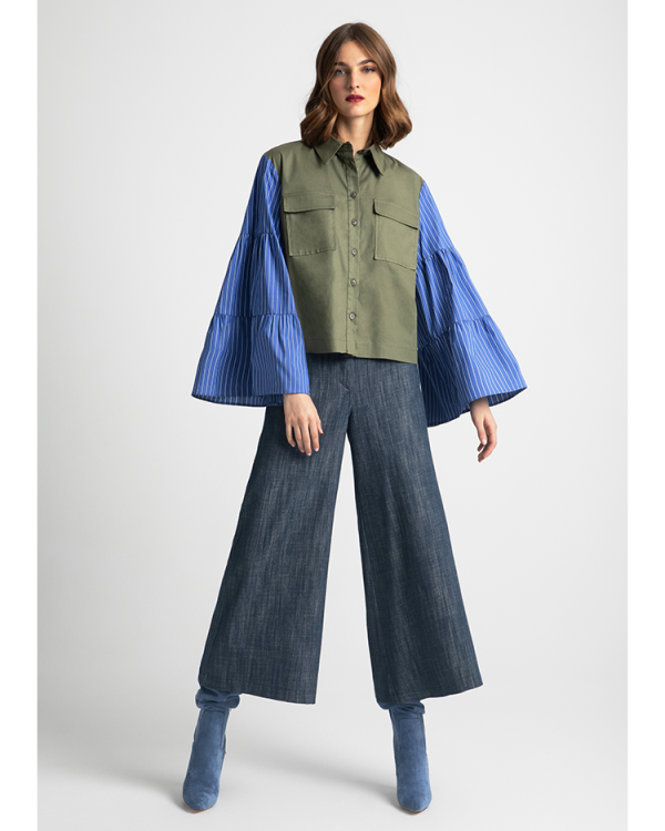 Shirt with fabric combination with flared sleeves - Moutaki