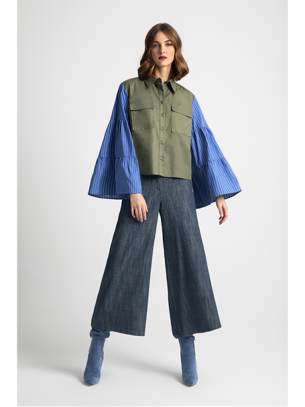 Shirt with fabric combination with flared sleeves - Moutaki