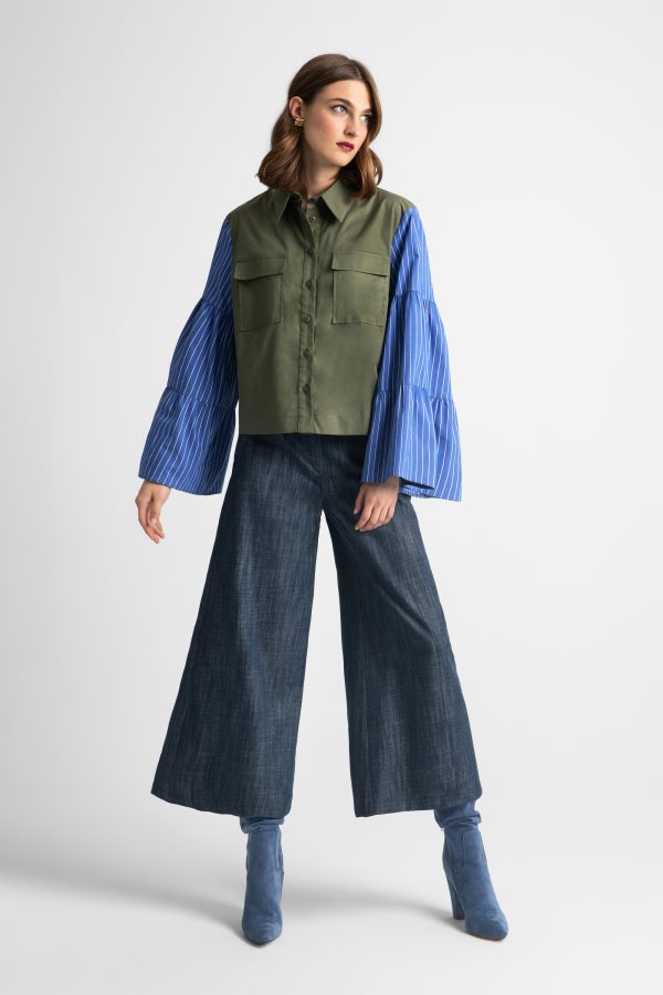 Shirt with fabric combination with flared sleeves - Moutaki - Image 2