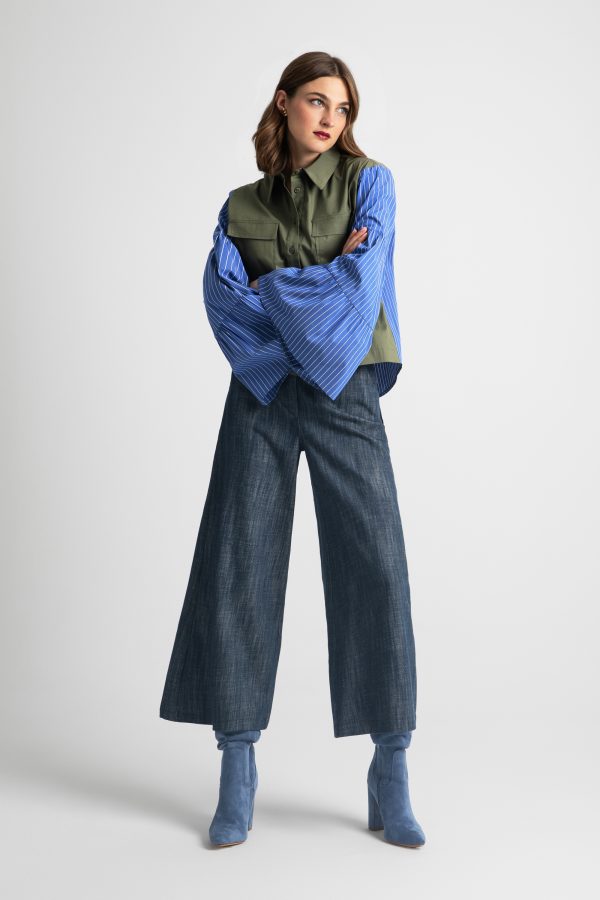 Shirt with fabric combination with flared sleeves - Moutaki - Image 3