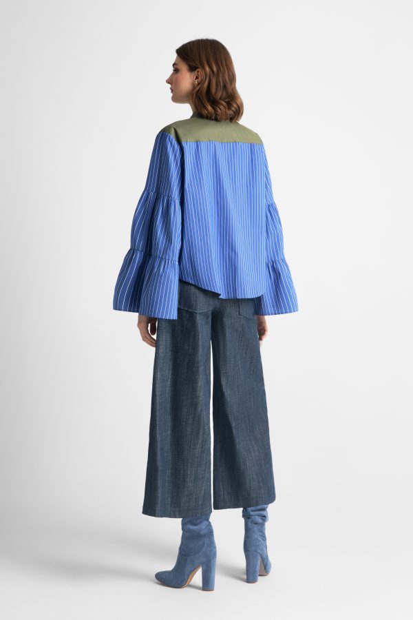 Shirt with fabric combination with flared sleeves - Moutaki - Image 4