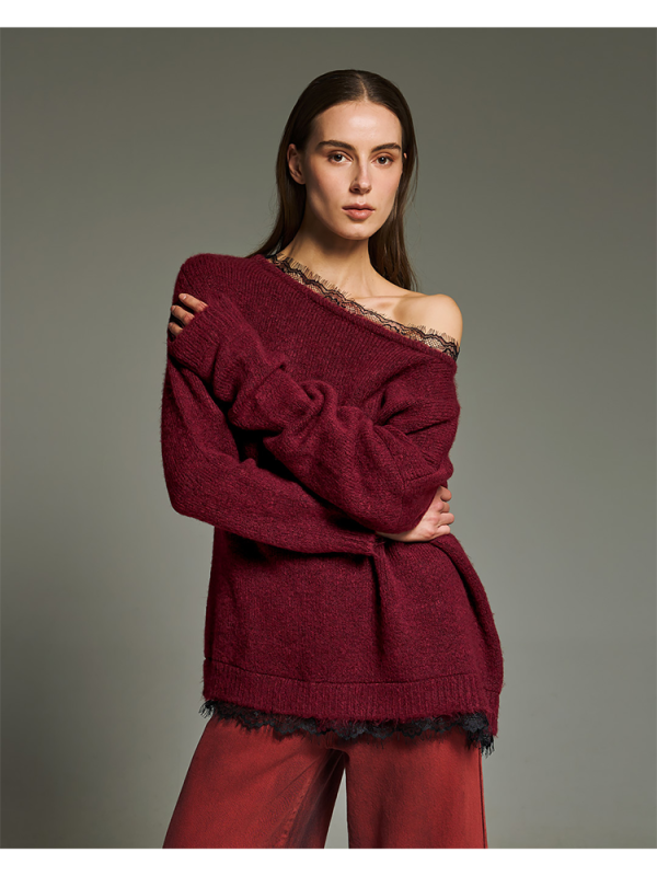 Open neck lace knit sweater - Tailor Made Knitwear