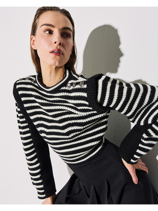 Striped knit sweater with shoulder button detail - Tailor Made Knitwear