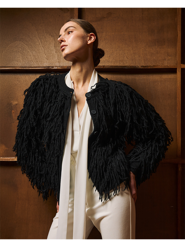 Short fringed knit cardigan - Tailor Made Knitwear