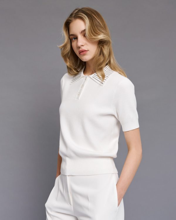 Knitted polo blouse with rhinestones - Access Fashion