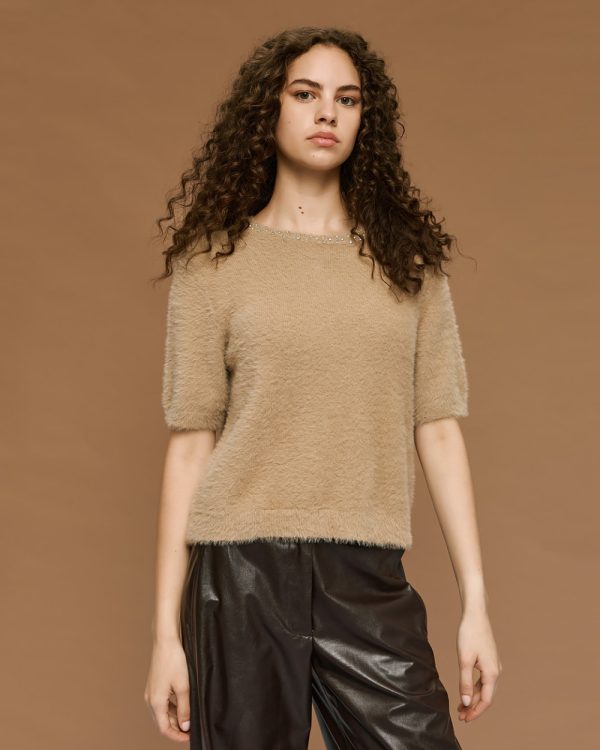 Knitted blouse with short sleeves and rhinestones - Access Fashion