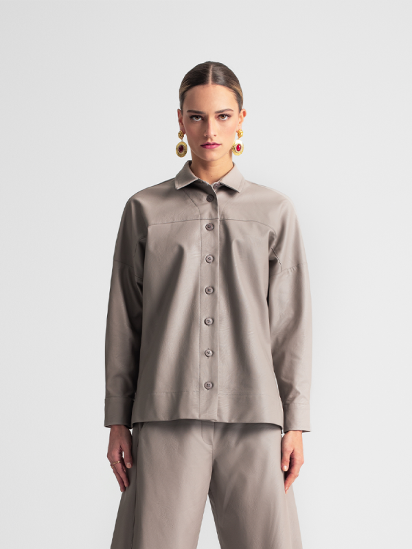 Button-up eco-leather shirt with dropped shoulders - Moutaki