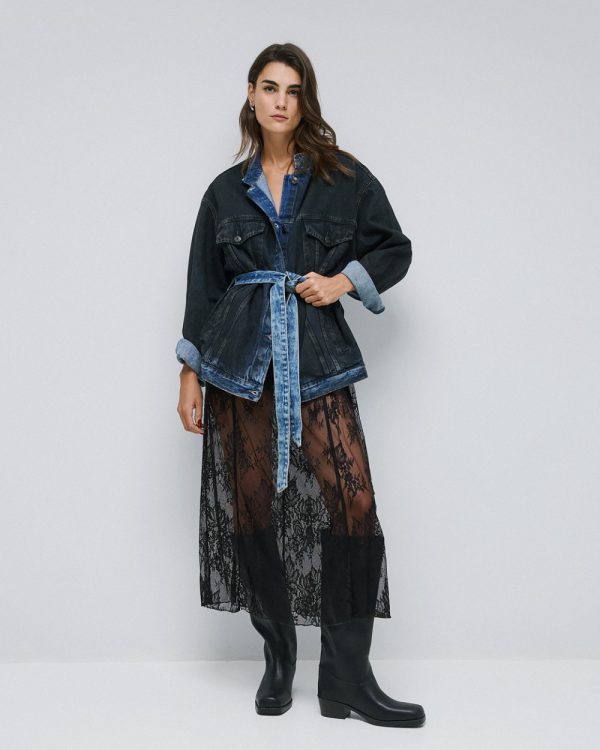 Long denim jacket with belt - Access Fashion