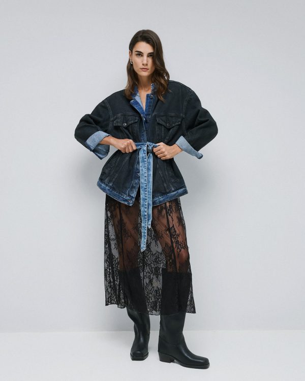 Long denim jacket with belt - Access Fashion - Image 3