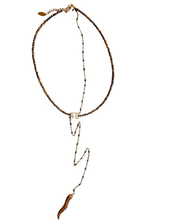 Tiger eye necklace with dangling chain and tiger eye tooth pendant - Ifigenia Loukou