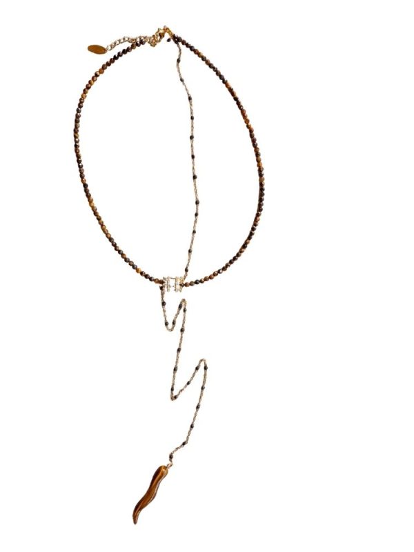 Tiger eye necklace with dangling chain and tiger eye tooth pendant - Ifigenia Loukou