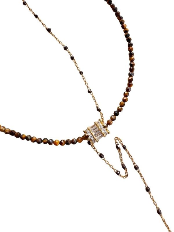 Tiger eye necklace with dangling chain and tiger eye tooth pendant - Ifigenia Loukou - Image 3