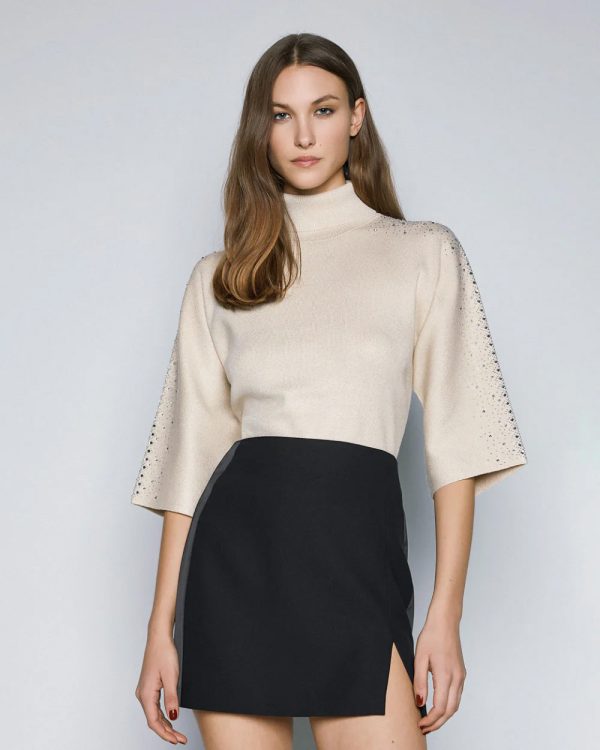 Knitted turtleneck blouse with rhinestones - Access Fashion