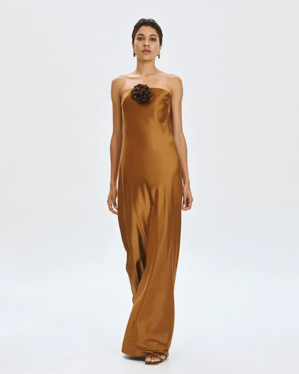 Strapless satin dress with flower - Access Fashion