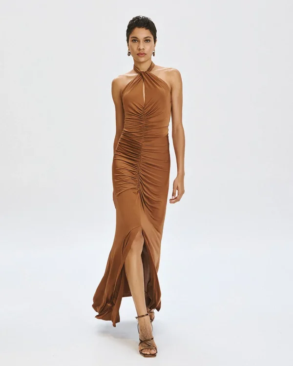 Maxi halter dress with slit and gathers - Access Fashion