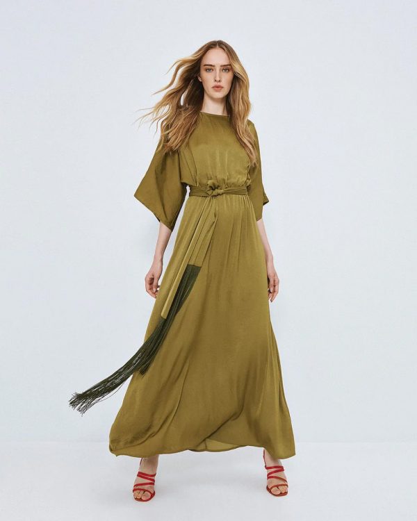 Long dress with belt and fringe details - Access Fashion