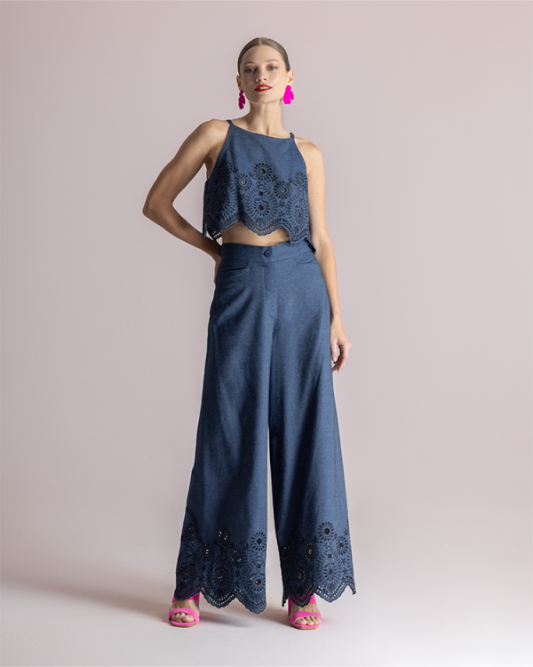 Wide-leg embroidered  trousers with scalloped hem - Moutaki