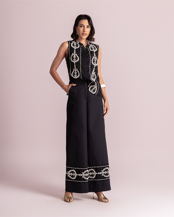 Embroidered wide-leg  trousers with hem detail - Moutaki