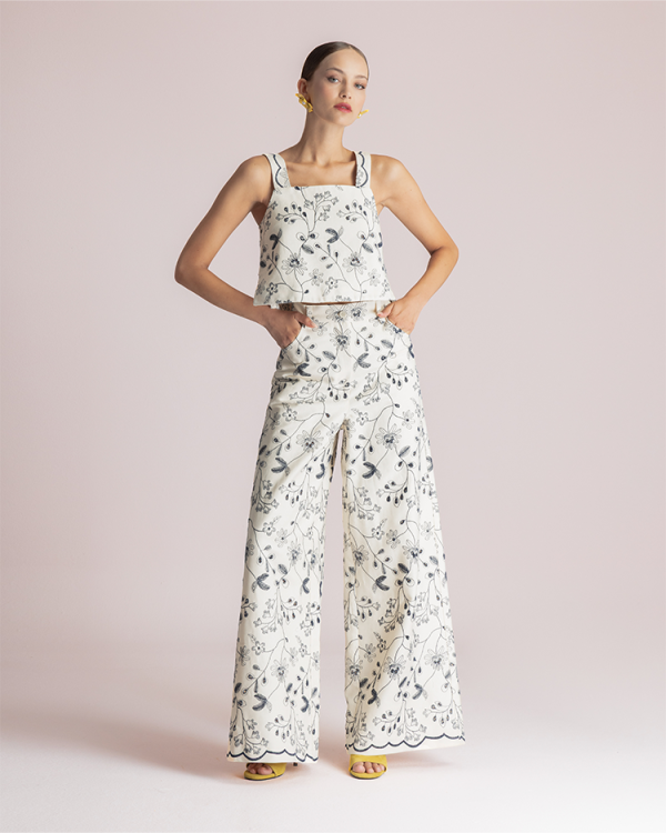Floral embroidered wide-leg trousers - Moutaki