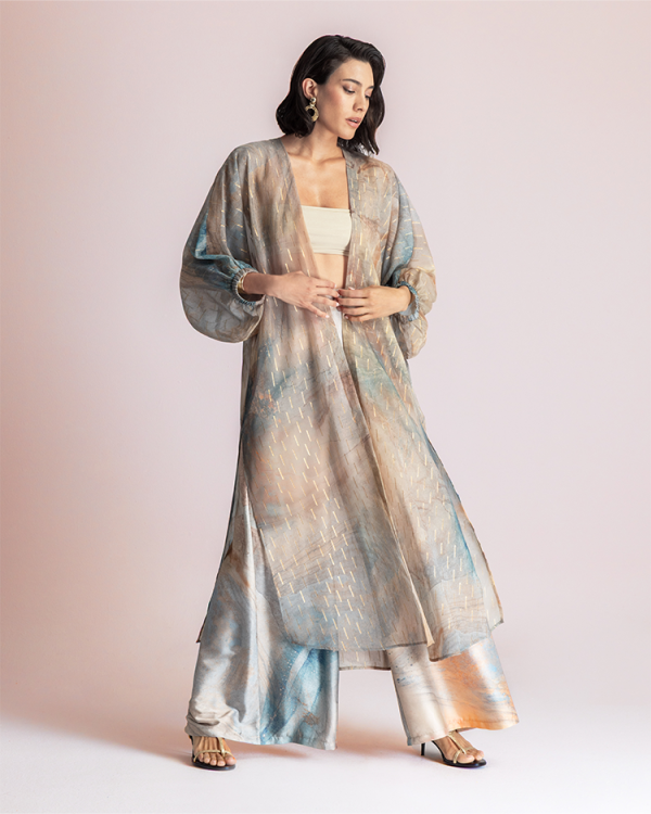 Sheer longline kimono with abstractp print - Moutaki