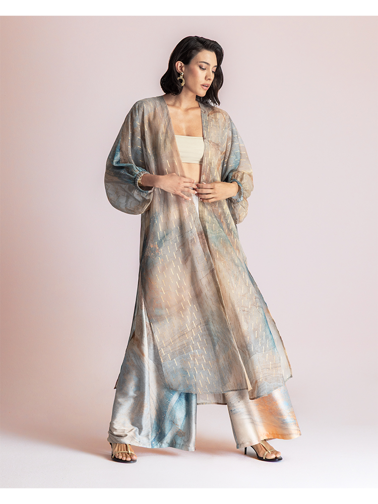 Brouska - MKS26-260603 Sheer longline kimono with abstractp print - Moutaki